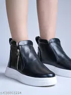 Solid Flatform Heeled Boots for Women Black 