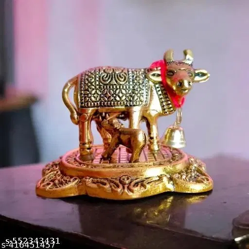 Kamdhenu Cow Murti and Calf Idol (Metal, Gold)