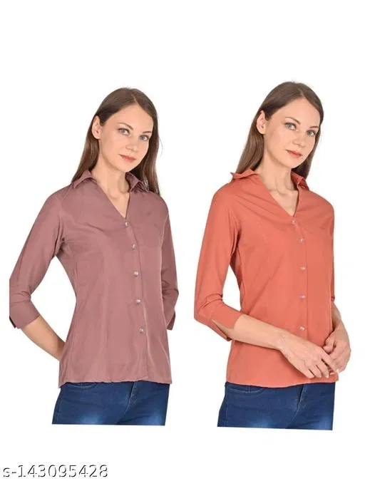 Crepe Solid Shirt for Women, Wine & Orange, Pack of 2 (M)