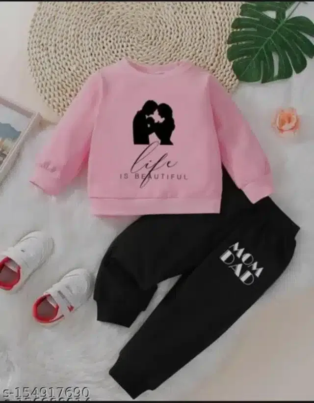 Hosiery Printed Top & Bottom Set for Kids (Pink & Black, 12-18 Months)