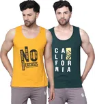 Cotton Blend Printed Vest for Men (Bottle Green & Yellow, M) (Pack of 2)