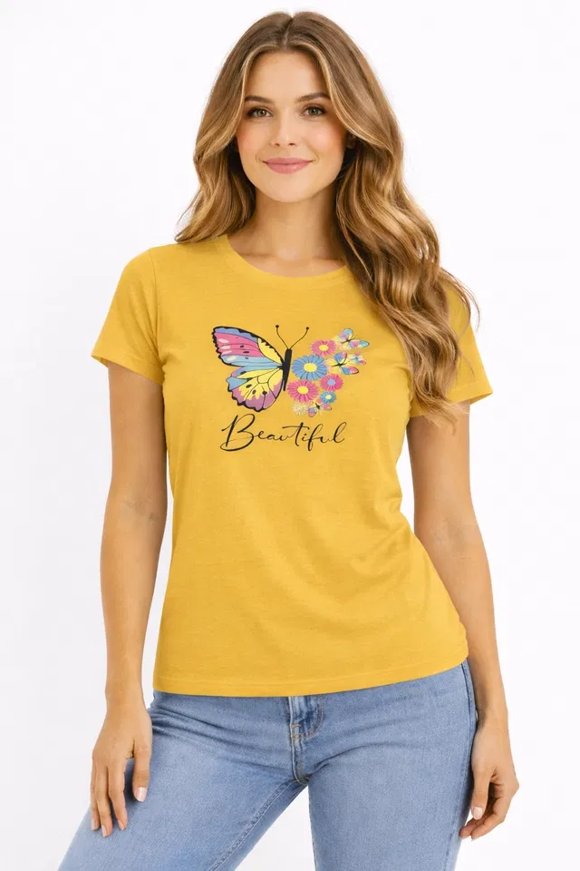 Cotton Blend Printed T-shirt for Men, Mustard (M)