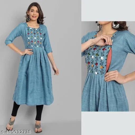 Botanical Embroidered Maternity Kurti (Blue, L)