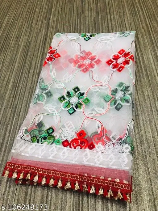 Net Embroidered Scarves for Women, White (Floral, Aari Work)