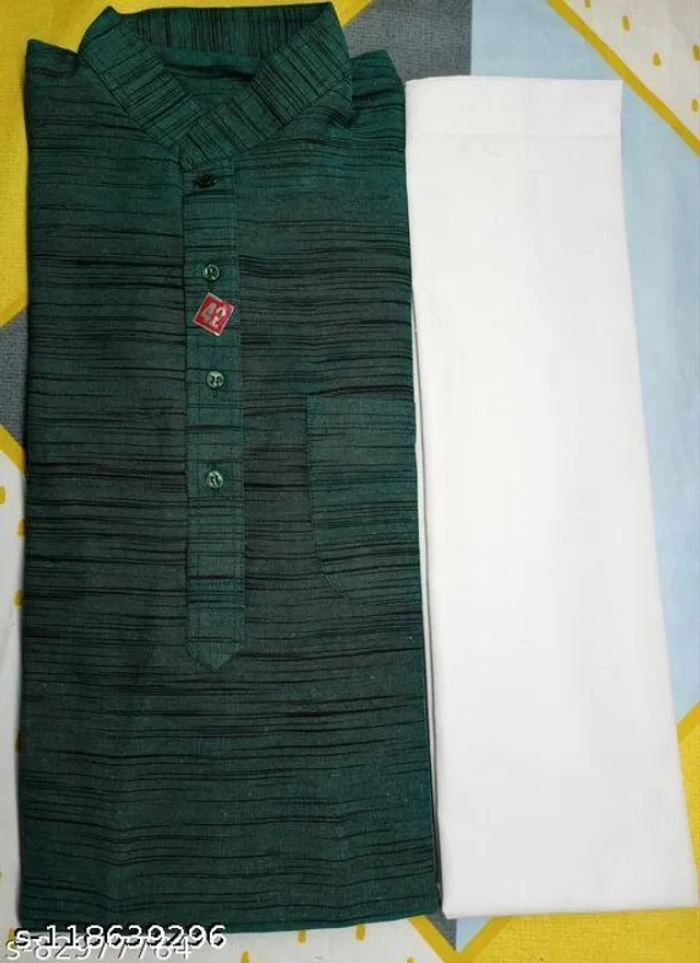 Khadi Cotton Solid Kurta with Pyjama for Men (Bottle Green & White, XL)