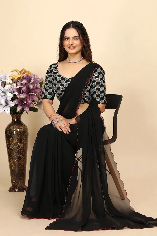 Georgette Woven Design Saree for Women (Black, 6.3 m)