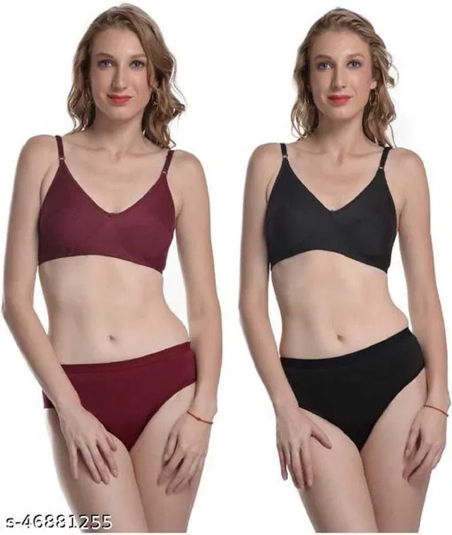 Cotton Blend Solid Lingerie Set for Women (Multicolor, 32A) (Pack of 2)