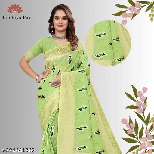 Cotton Linen Zari Woven Saree for Women (Green, 6.3 m)