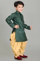 Dupion Silk Printed Kurta with Dhoti for Boys, Bottle Green & Beige 