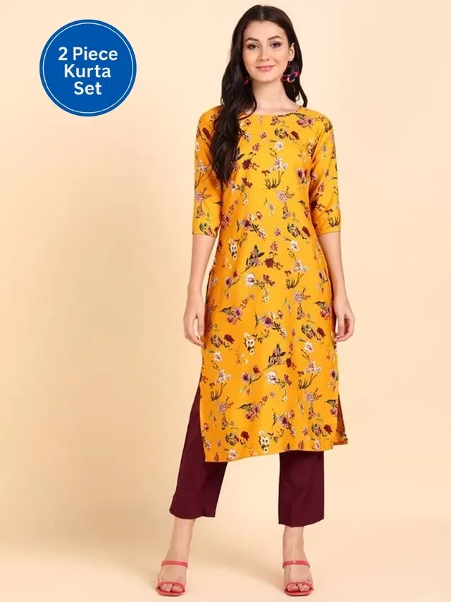 Crepe Floral Print Women's Kurta with Pant Set (Yellow, XXL)