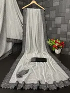 Lycra Blend Solid Saree for Women, Black & White 