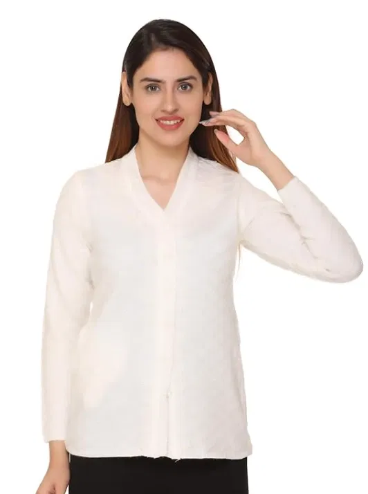 Woolen V-Neck Cardigan Full Sleeve Button-Up Winter Sweater (Free Size- White)