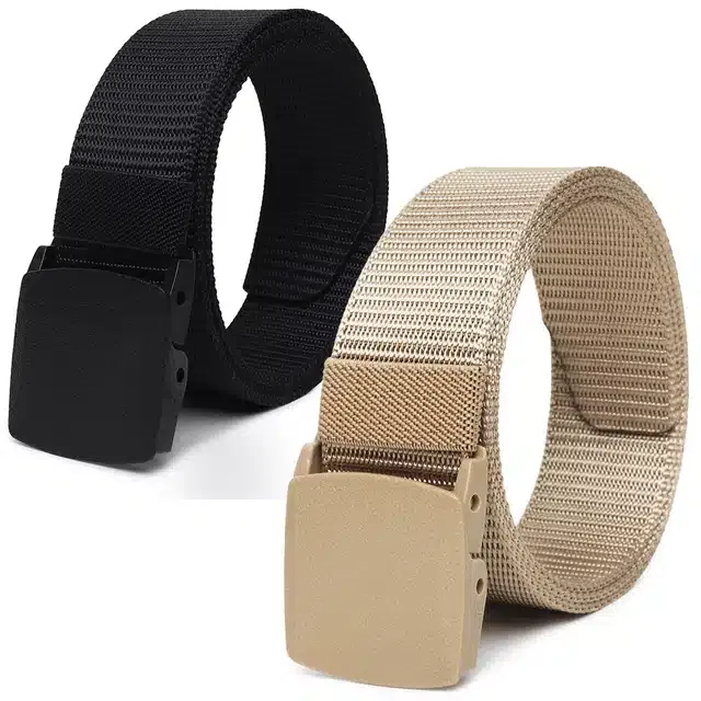 Casual Nylon Belts for Men (Black & Cream, Pack of 2)