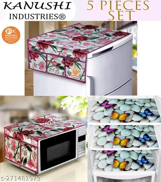 KANUSHI Industries® 1 Pc Microwave/Oven Top Cover + 1 Pc Fridge/Refrigerator Top Cover + 3 Fridge Mate (Color-Maroon) (Micro+FRI-Maroon-Rose+M-27)