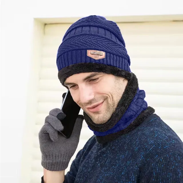 Woolen Fur Winter Cap with Neck Warmer for Men (Blue & Grey, Free Size)