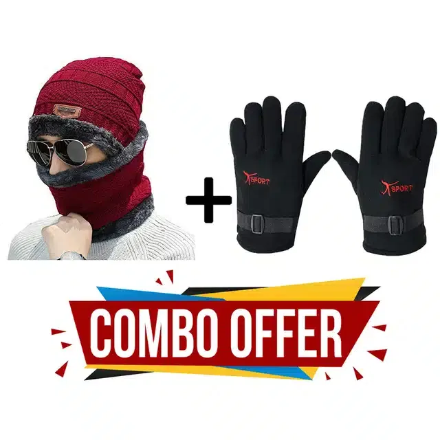 Beanie Cap with Neck Warmer & Gloves for Unisex (Red & Black, Set of 3)