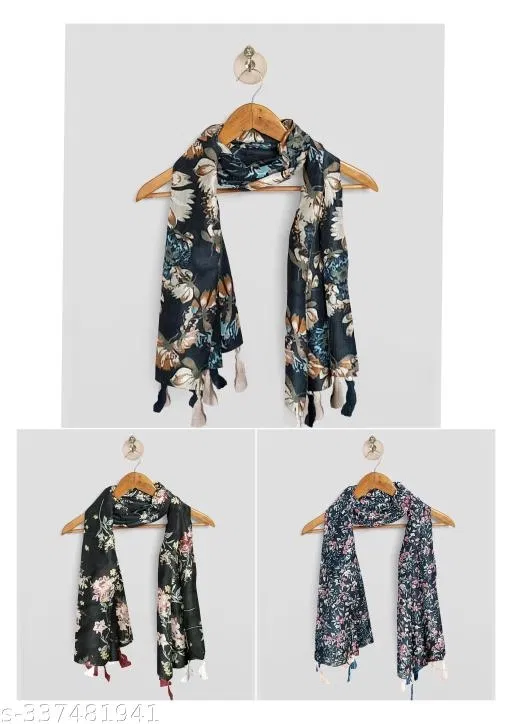 Poly Chiffon Printed Scarves for Women, Multicolor, Pack of 3