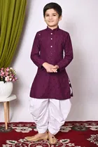 Rayon Cotton Embellished Kurta with Dhoti for Boys, Wine & White 