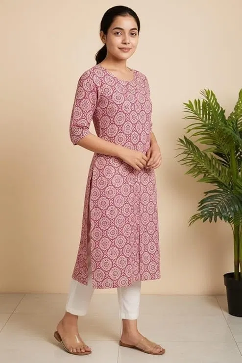 Cotton Blend Printed Kurti for Women, Pink (L)