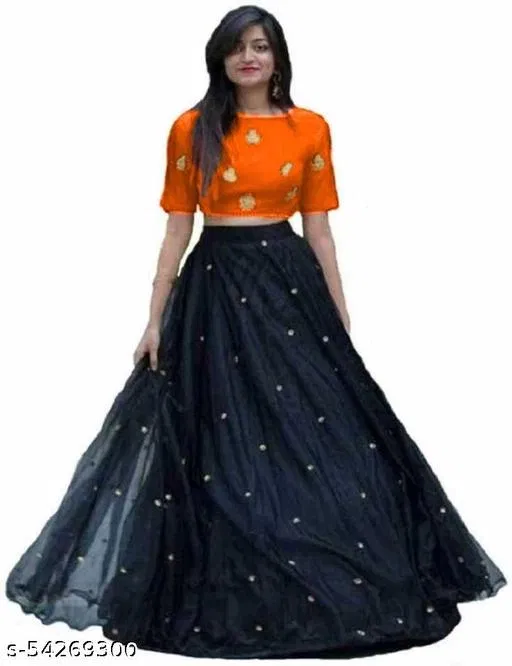 Cotton Blend Lehenga Choli for Women (Orange, Free Size)