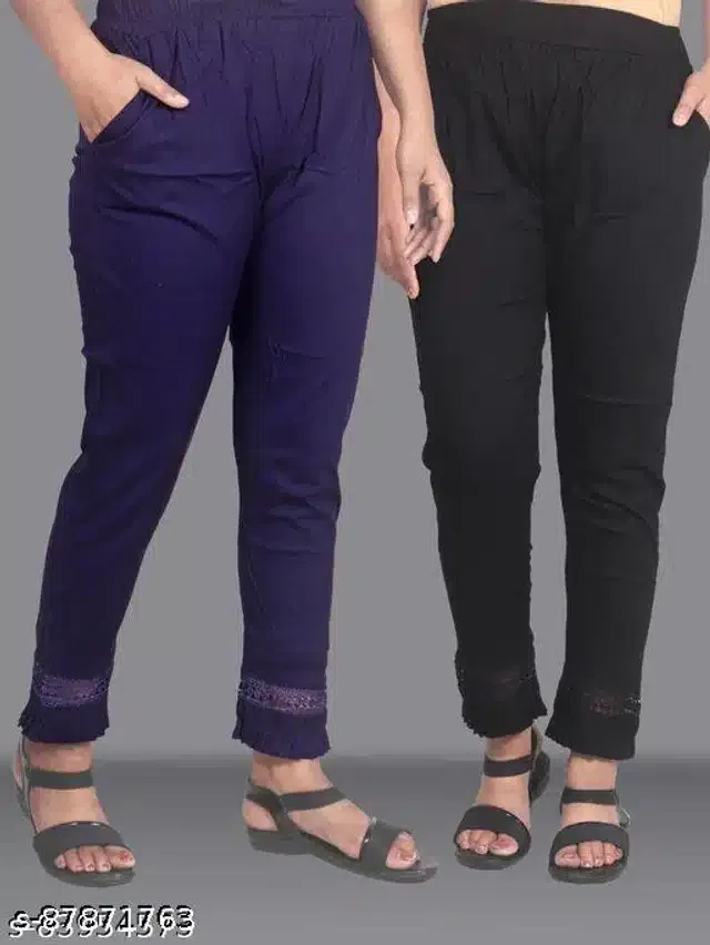 Cotton Lycra Trousers for Women (Blue & Black, 30) (Pack of 2)
