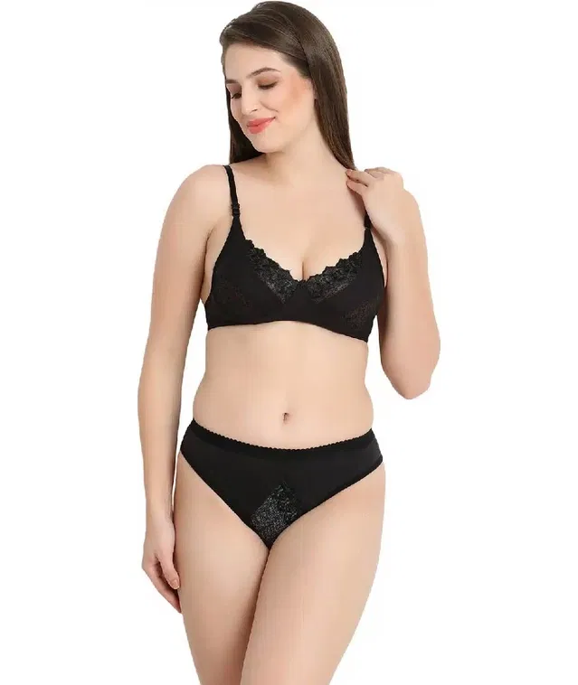 Silk Blend Lingerie Set for Women (Black, 34)