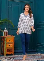 Rayon Printed Short Kurti for Women, White 