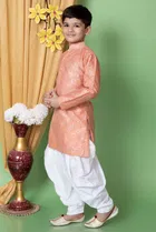 Dupion Silk Embellished Kurta with Dhoti for Boys, Peach & White 