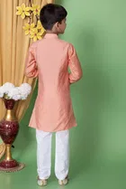 Dupion Silk Embellished Kurta with Payjama for Boys, Peach & White 
