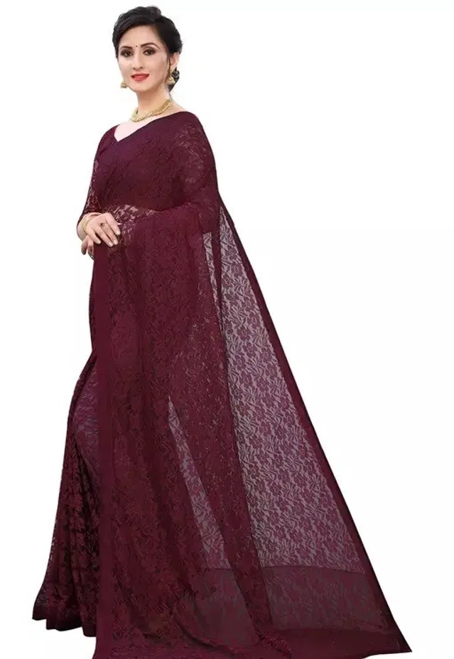 Net Floral Saree for Women (Maroon, 6.3 m)