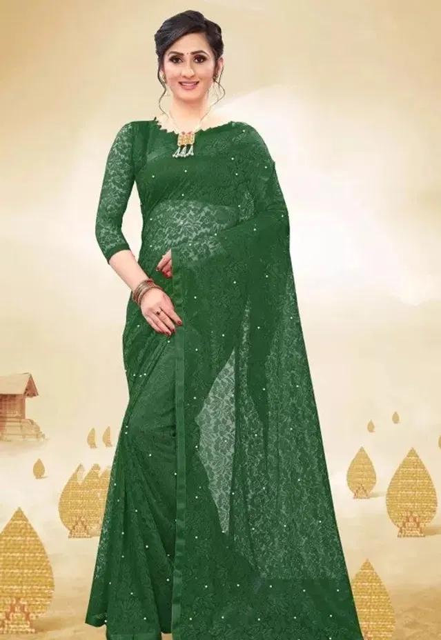 Net Solid Saree for Women (Olive, 6.3 m)