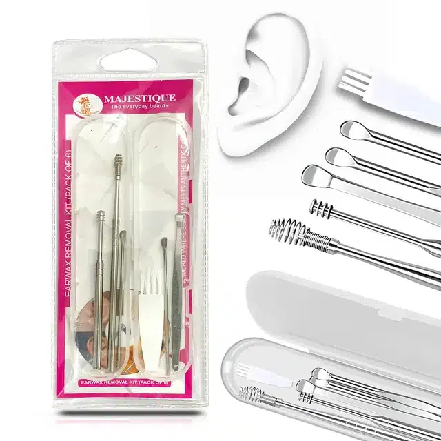 Majestique Ear Wax Remove Spring with A Small Cleaning Brush and Storage Box (Pack of 6) (B-137)