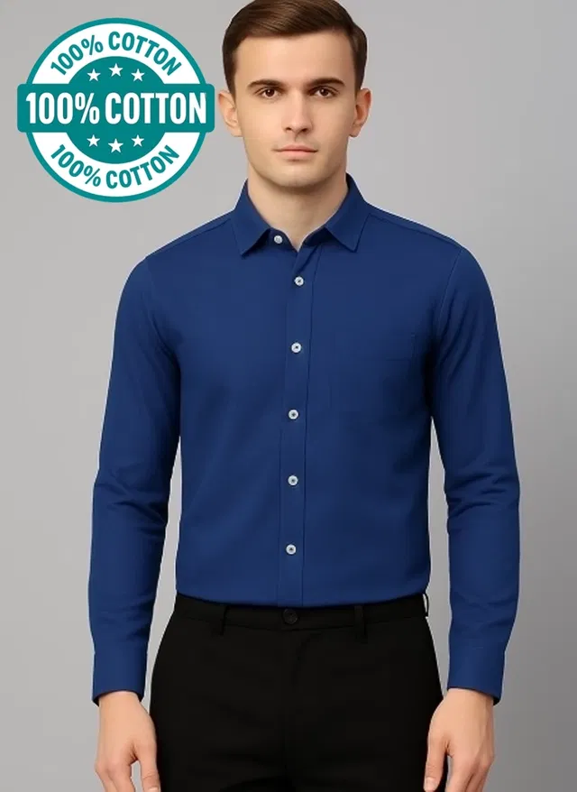 100% Cotton Full Sleeves Solid Shirt for Men (Blue, XXL)