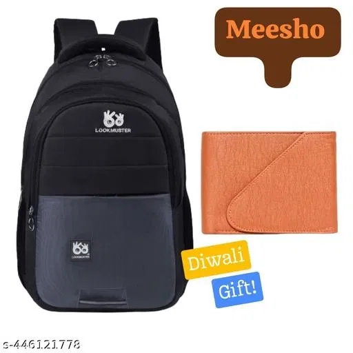 Polyester Backpack with Wallet for Men, Black & Tan, Set of 2