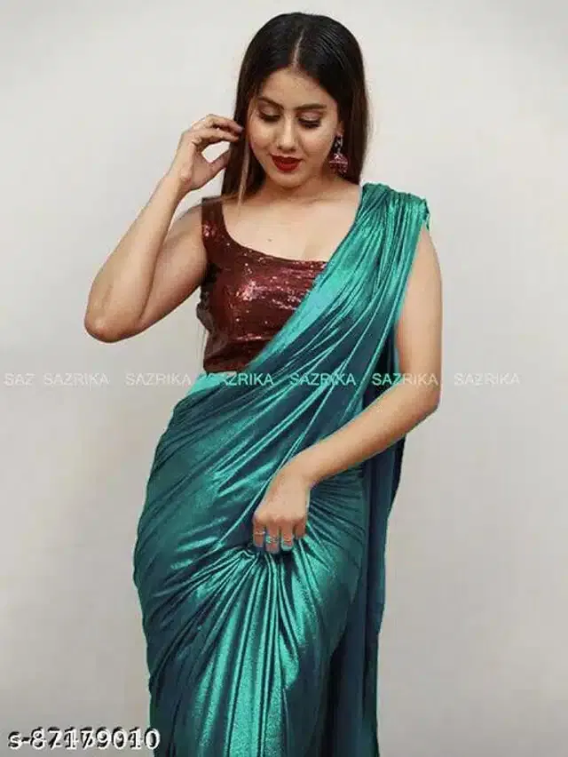 Lycra Solid Saree for Women (Turquoise, 6.3 m)
