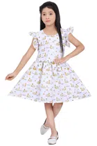Cotton Blend Printed Frock for Girls (White & Mustard, 1-2 Years)