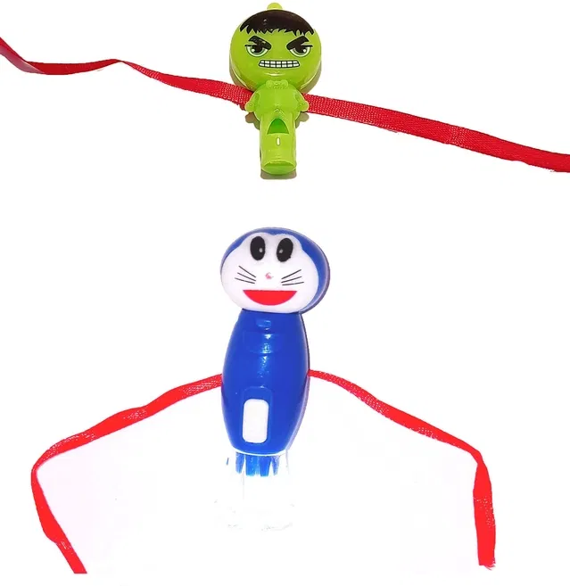 Plastic Hulk & Doremon Torch Light & Whistle Rakhi for Kids (Multicolor, Pack of 2)