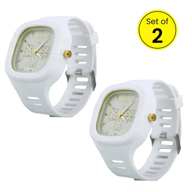 Square Dial Analog Watch for Kids (White, Set of 2)