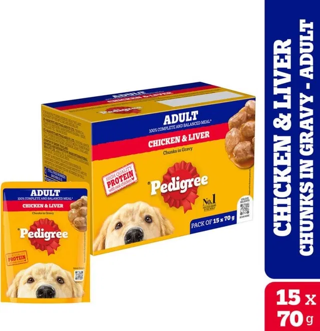 Pedigree Chicken and Liver Chunks in Gravy Adult Dog Wet Food (70g, Pack of 15)