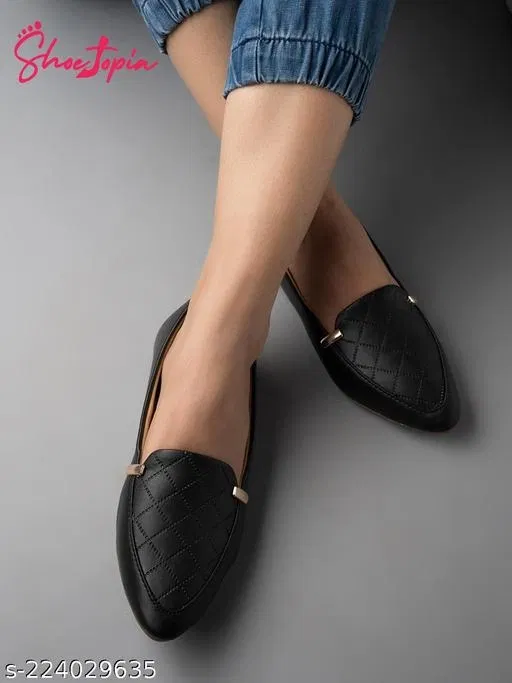 Solid Pointed Toe Ballerinas for Women (Black, IND-5)