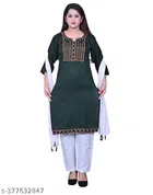 Rayon Embroidered Kurta with Pant & Dupatta for Women (Bottle Green & White, M)