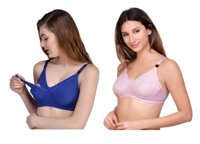 Cotton Blend Solid Non Padded Feeding Bras for Women (Multicolor, 32) (Pack of 2)