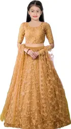 Net Embroidered Semi Stitched Lehenga for Girls 
