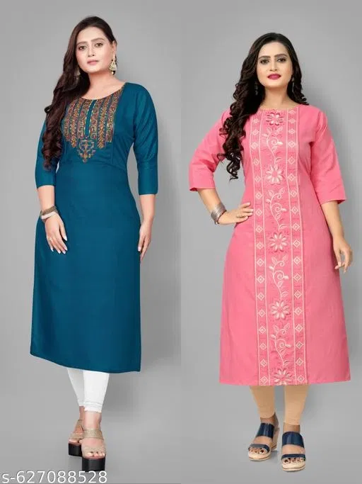 Solid Embroidered Cotton Kurti for Women, Pack of 2 (Teal, 6XL)