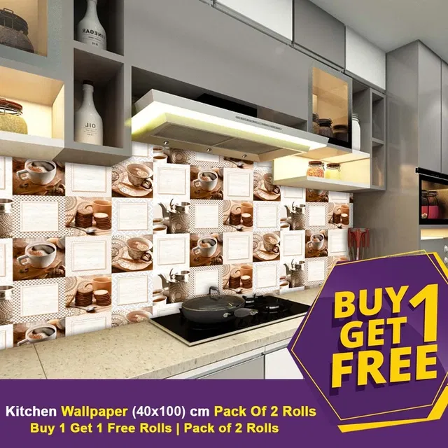 Vinyl Wallpaper for Kitchen Wall (Multicolor, 100x40 cm) (Pack of 2)