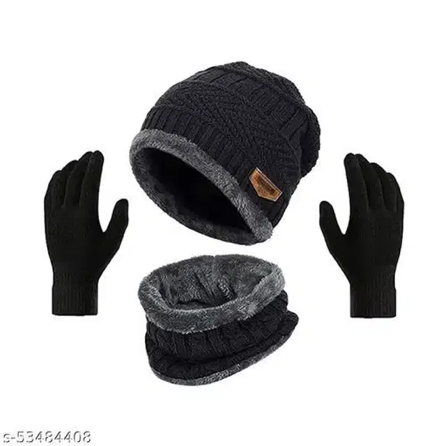 Woolen Beanie Cap with Neck Scarf & Hand Gloves for Men & Women (Multicolor, Set of 2)
