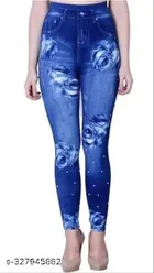 Polyester Dyed Jeggings for Women (Blue, S)