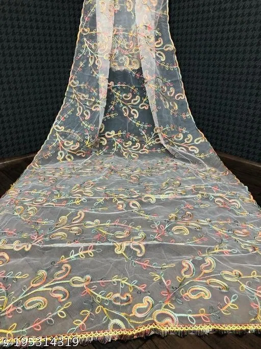 Embroidered Chanderi Net (White, Free Size)