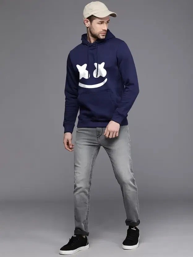 Fleece Printed Hoodie for Men, Dark Blue (L)