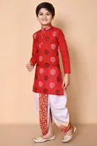 Cotton Printed Kurta with Dhoti for Boys, Red & White 